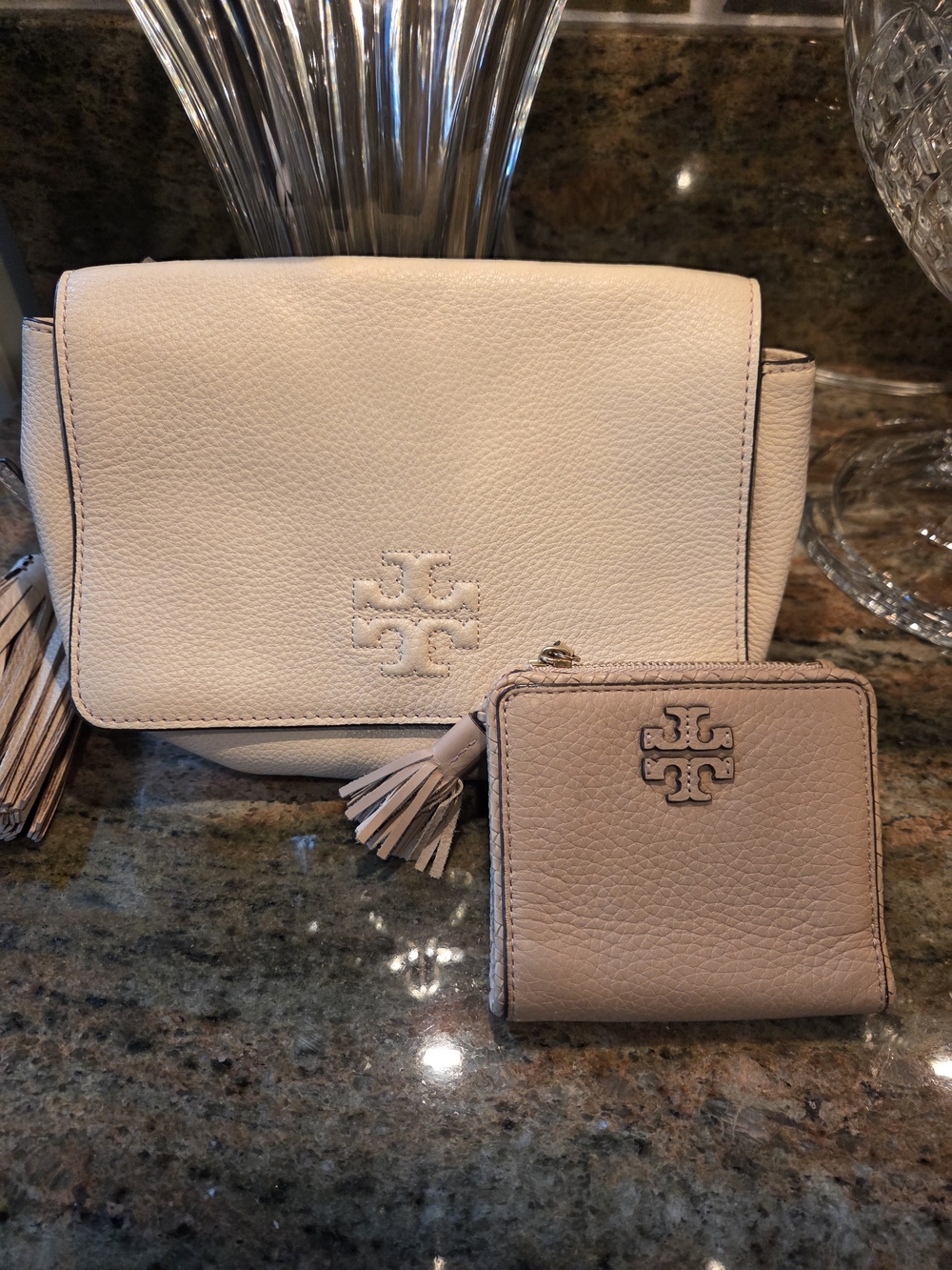 Tory Burch Pebbled Leather Crossbody and Zip Wallet Set in Cream And Taupe